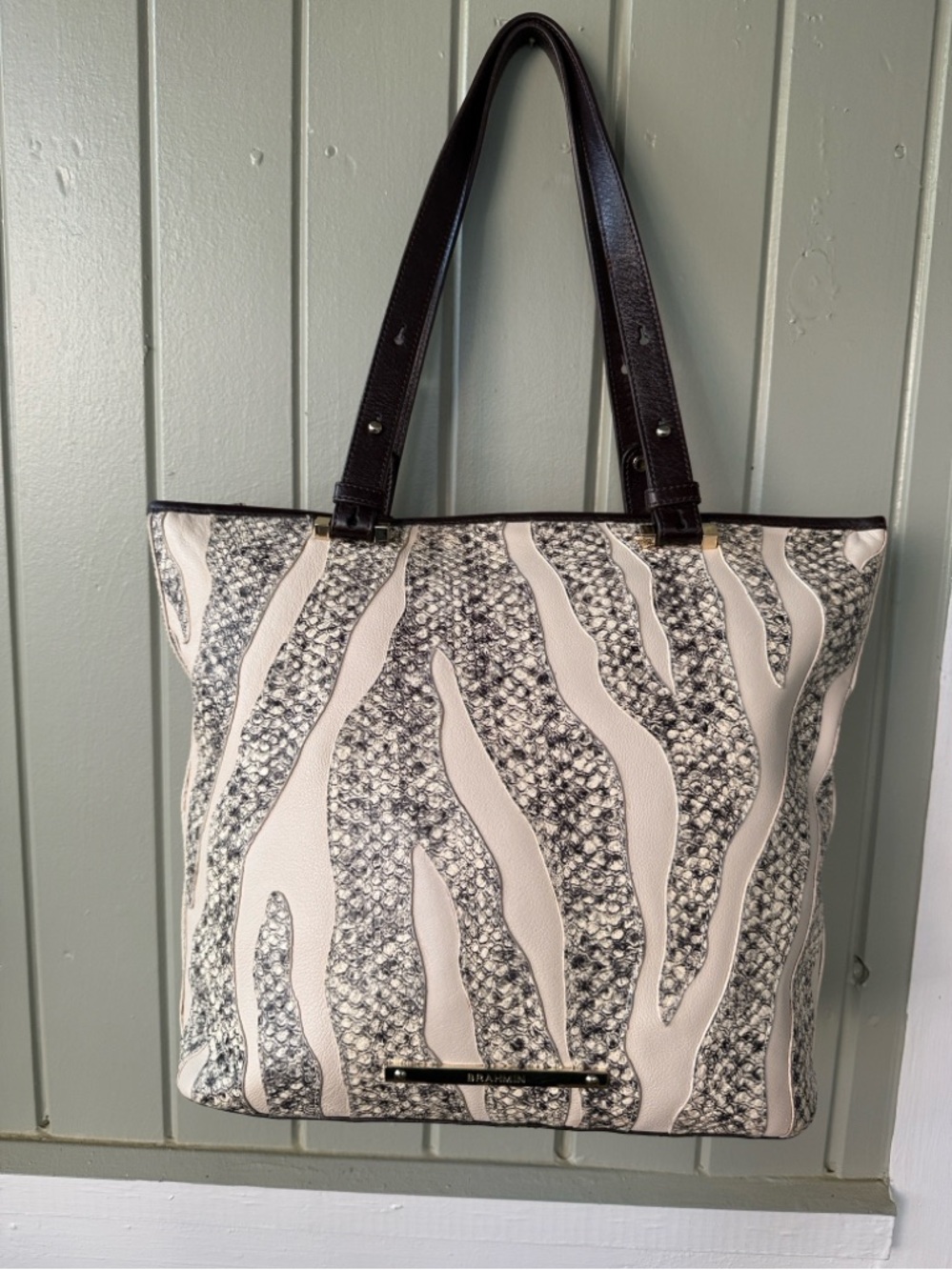 ✨ BRAHMIN Medium Asher Tote Bag Creme Solmar Grey Black Snake Python Leather✨ - Picture 2 of 11